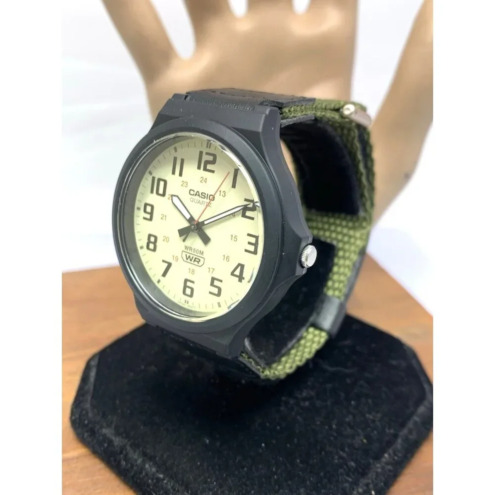 Casio Men's Watch MW240B Analog Quartz Beige Dial 42mm Black Green Nylon Band
